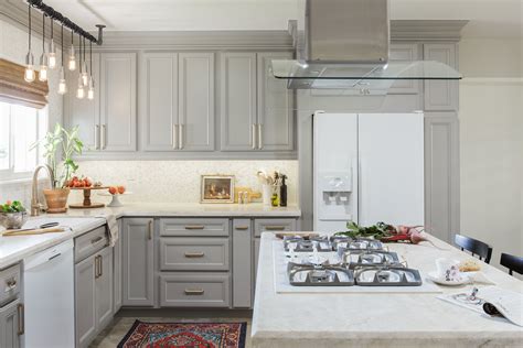 light gray cabinets with stainless steel appliances|light grey kitchen cabinets.